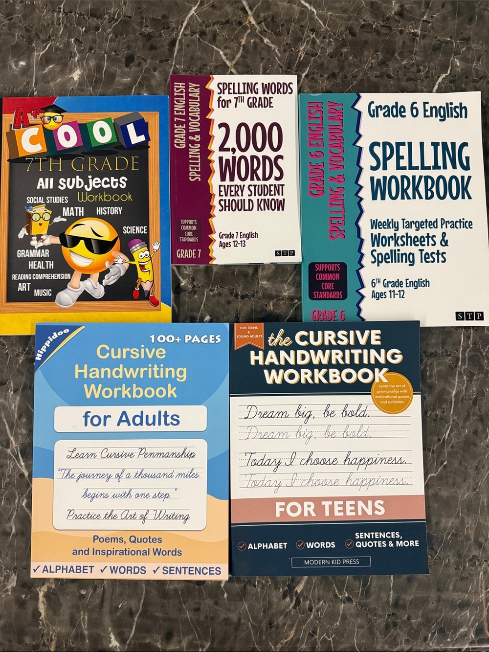 Mixed Educational Workbooks Bundle - Cursive & Spelling (Blue, White, Purple)